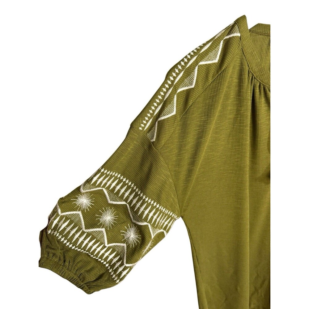 NWT Westbound S Small Olive Green Embroidered Ribbed Knit 3/4 Sleeve Peasant Top - Picture 6 of 10